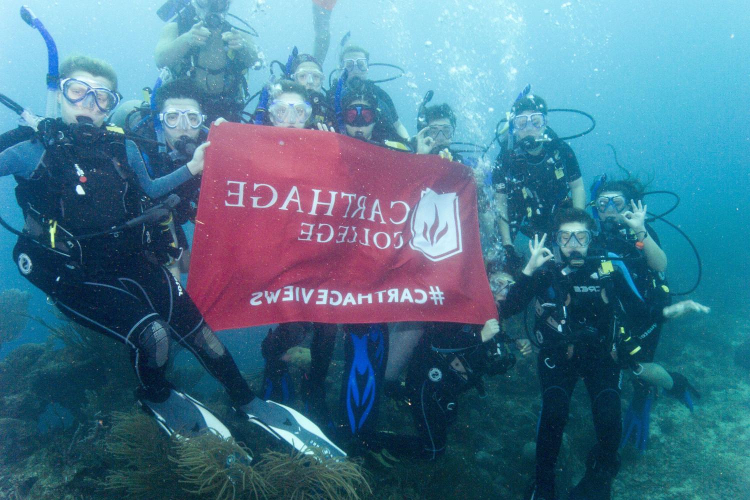 学生们手持<a href='http://b.lgmobilereg.com'>bv伟德ios下载</a>旗帜，在j学期洪都拉斯游学之旅中潜水.